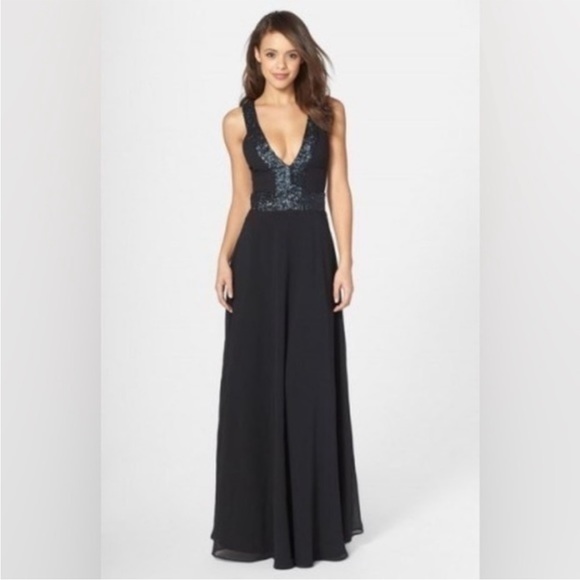 Dress The Population Delani Black Sequin Long Evening Gown Maxi Dress Size Small - Picture 6 of 13